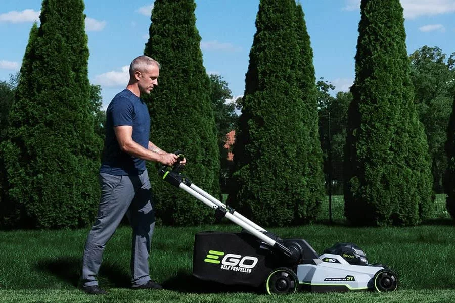 self-propelled electric lawn mower with battery and charger